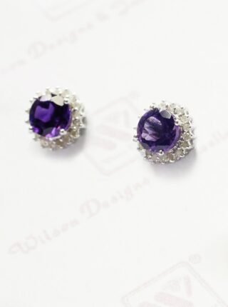 Round Garnet & Diamond Halo Stud Earrings 14K White Gold - Birthstone - Image 2