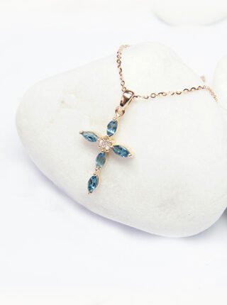 London Blue Topaz & Diamond Mini Cross Pendant with Bale in 18K Rose Gold - Image 2