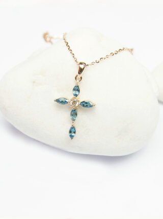 London Blue Topaz & Diamond Mini Cross Pendant with Bale in 18K Rose Gold