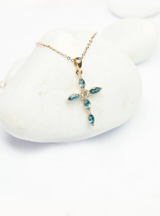 London Blue Topaz & Diamond Mini Cross Pendant with Bale in 18K Rose Gold - Image 3