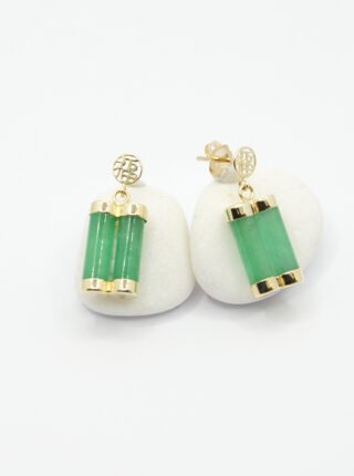 Cylinder-Shaped Dyed Green Jade Earrings in 14K Yellow Gold - Image 3