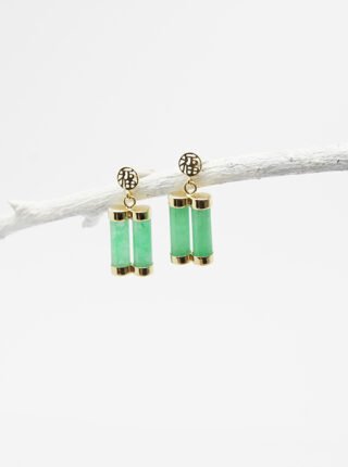 Cylinder-Shaped Dyed Green Jade Earrings in 14K Yellow Gold - Image 2