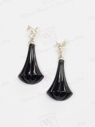 Carved Drop Fan Shape Black Agate Earrings with Diamonds in 14K Yellow Gold - Image 2
