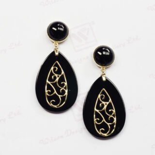 Elegant Teardrop Black Agate with Gold Filigree & Round Stud Earrings in 14K Yellow Gold