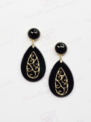 Elegant Teardrop Black Agate with Gold Filigree & Round Stud Earrings in 14K Yellow Gold