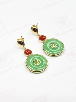 Round Dyed Jade Earrings in 14K Gold – Green and Red with Asian-Inspired Symbol - Image 3
