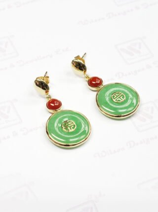 Round Dyed Jade Earrings in 14K Gold – Green and Red with Asian-Inspired Symbol - Image 2