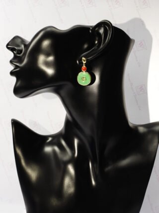 Round Dyed Jade Earrings in 14K Gold – Green and Red with Asian-Inspired Symbol - Image 4