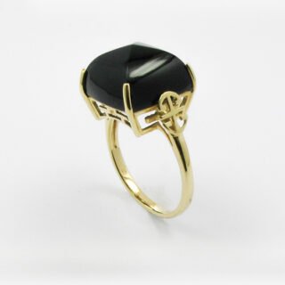 Black Agate Ring with Gold Filigree Design in 14K Yellow Gold