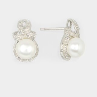Fresh Water Pearl & Diamond Earring in Sterling Sliver S925, Rhodium plated