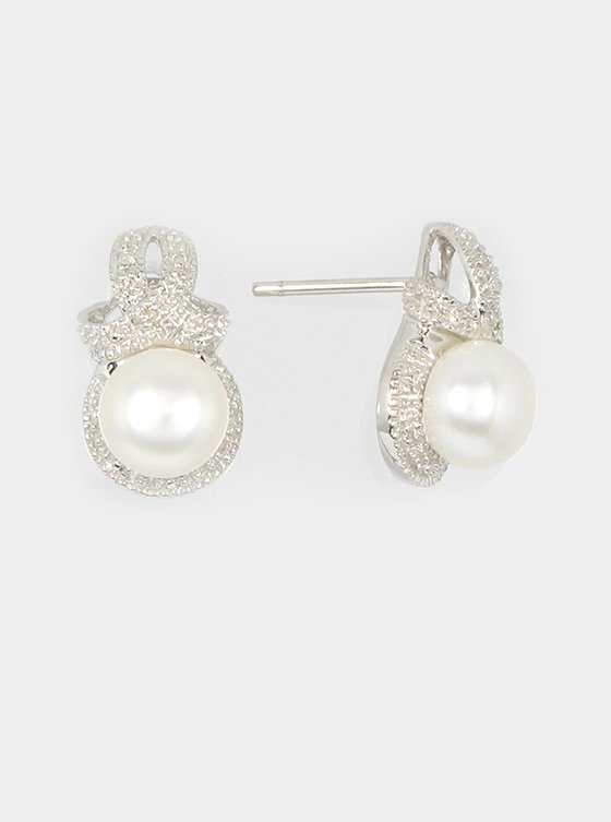 Fresh Water Pearl & Diamond Earring in Sterling Sliver S925, Rhodium plated