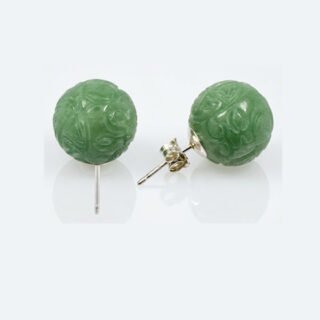 Green Jade Stud Earrings in Sterling Sliver S925, Rhodium plated