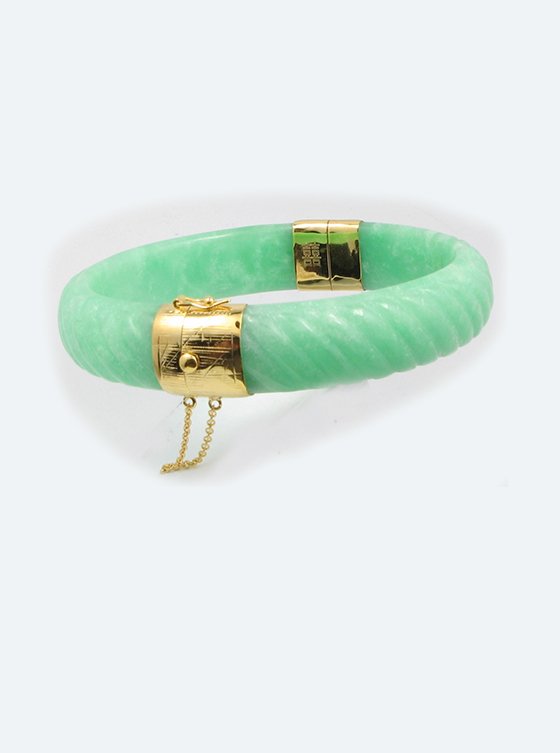Dyed Green Jade bangle in Sterling Sliver S925, Yellow Gold Plated
