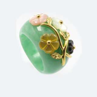 Dyed Green Jade with MOP flower in Sterling Sliver S925 - yellow gold plated