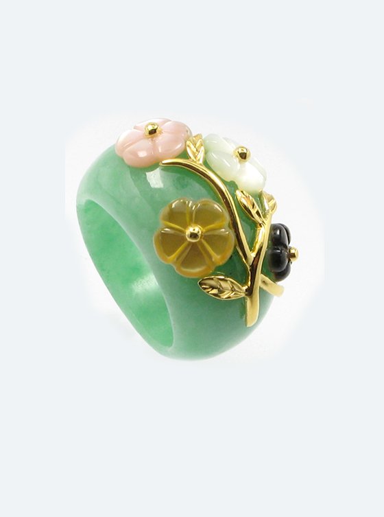 Dyed Green Jade with MOP flower in Sterling Sliver S925 - yellow gold plated